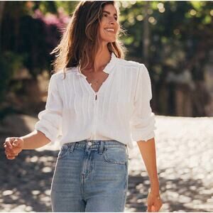 Faherty Willa Button Down Top Organic Cotton White Textured Women's Size S